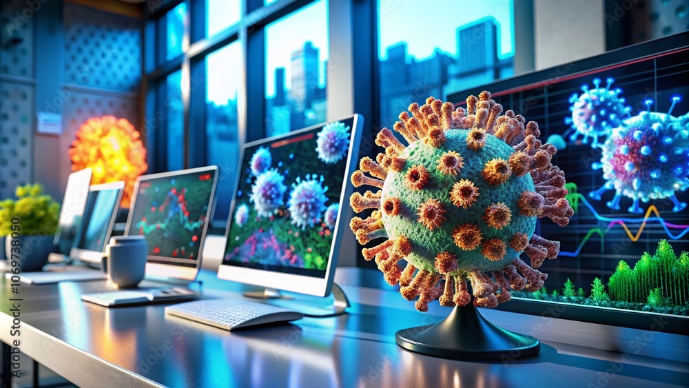 Poster detailed close-up of a virus rendering on a computer screen in a modern lab setting, showcasing cutt