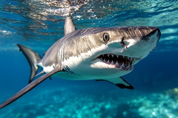 Fototapeta premium Realistic underwater scene of a shark gliding through blue water, with a streamlined shape and intense focus
