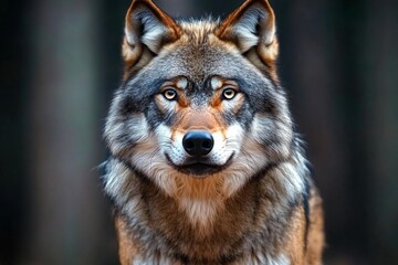 Fototapeta premium Realistic view of a wolf in the forest, with intricate fur details and focused, alert eyes