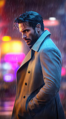 Obraz premium Rain-Slicked Cyberpunk Detective on Neon-Lit Street in Trench Coat, Intense Gaze Capturing the Essence of a Futuristic Cityscape