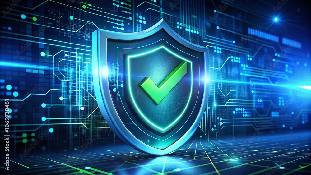Poster digital security shield with checkmark representing cyber protection and trust in technology - ideal