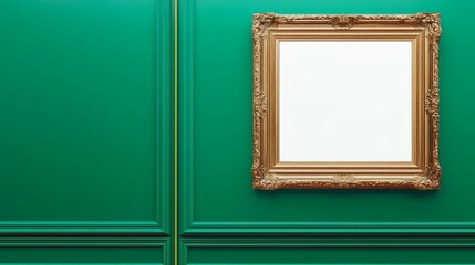 Fototapeta premium Antique art fair gallery frame on royal green wall at auction house or museum exhibition blank template with empty white copyspace for mockup design artwork concept