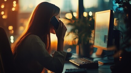 Woman Working Late Night Phone Call Office Desk