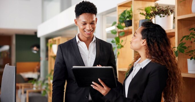 Reception, employees and tablet for reservation, hotel and smile with cooperation. Coworkers, hospitality and friendly service with technology, internet and digital app for schedule and check in