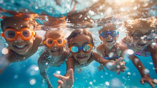 Group of happy children swimming underwater with colorful goggles, smiling and playing in bright summer pool