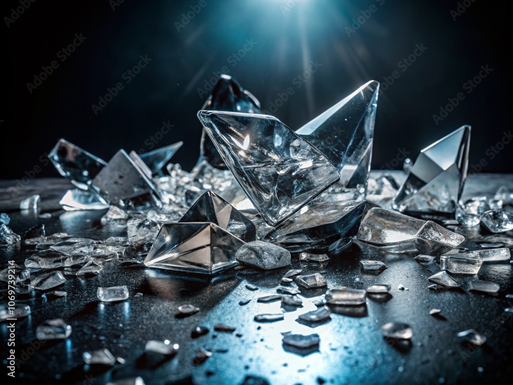 Aufkleber dramatic shattered glass on dark surface with sharp shards glimmering under overhead light, creating