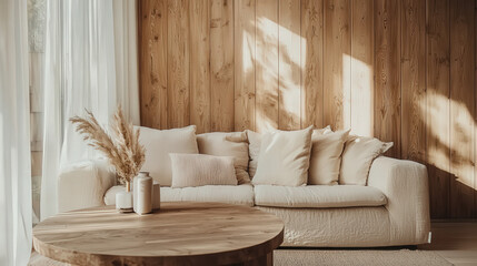 Minimalist interior design of modern bright and airy living room with a white sofa and wooden accents. Large abstract art and natural light bring warmth and elegance to the minimal decor.
