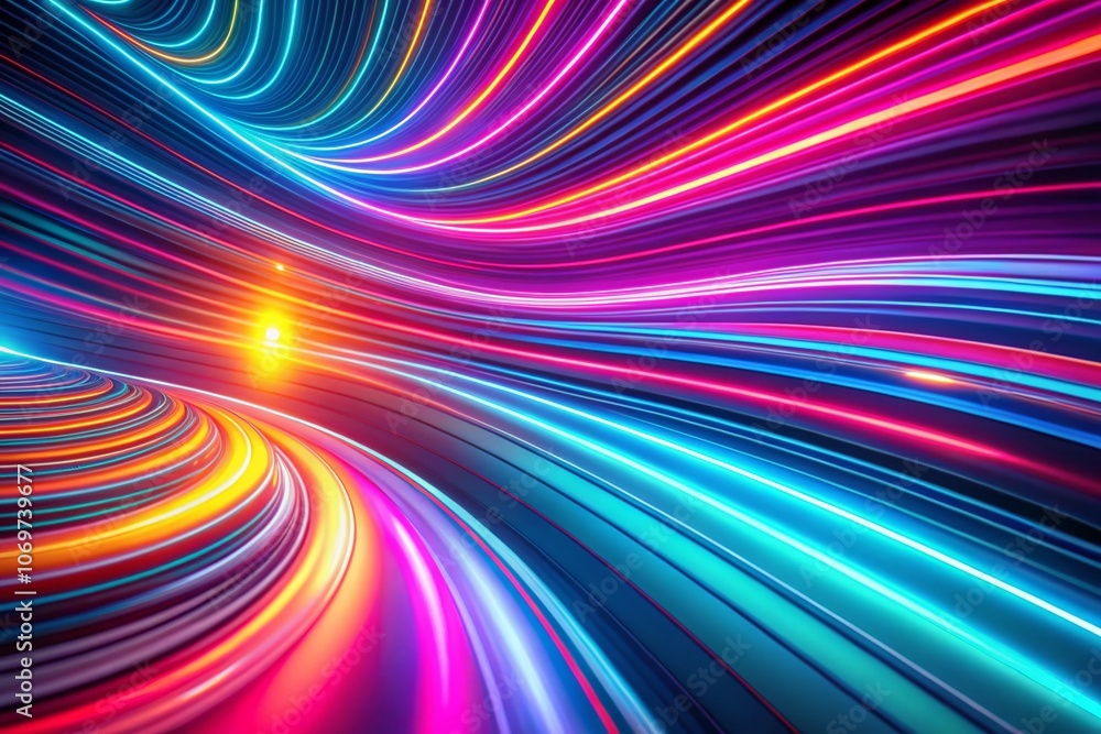 Poster dynamic abstract background with striped lines and neon curves in tilt-shift photography style for m