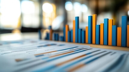 Close-up of bar graphs on printed financial documents analyzing budget efficiency, photorealistic, office setting