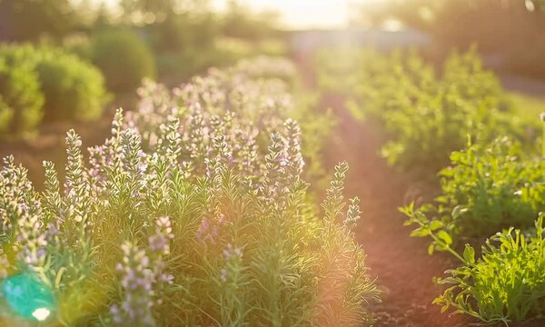 Rosemary or thyme herbs with flowers in the garden