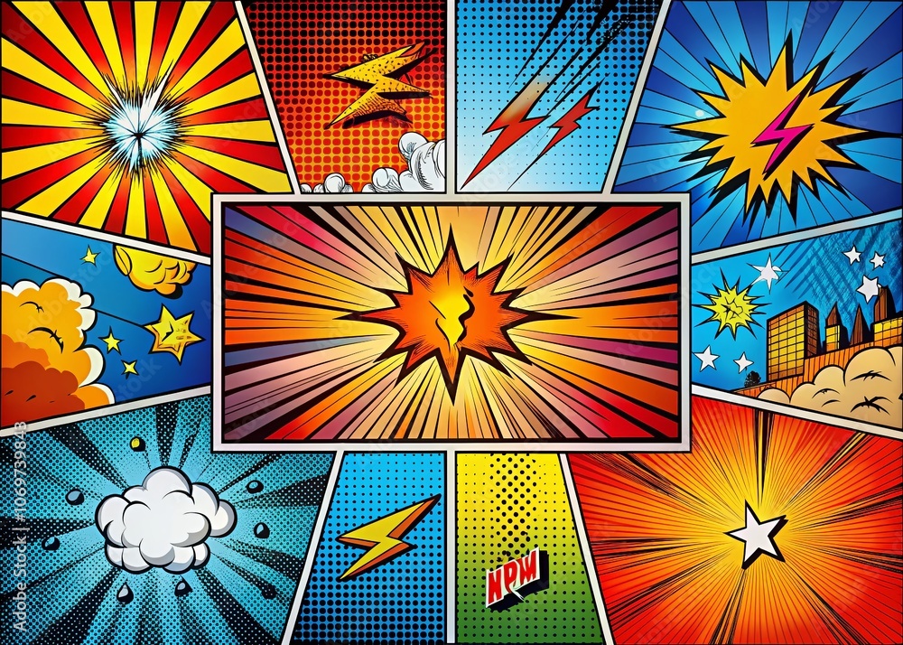 Poster dynamic comic book action layout background with power fx illustration featuring halftone dots and s