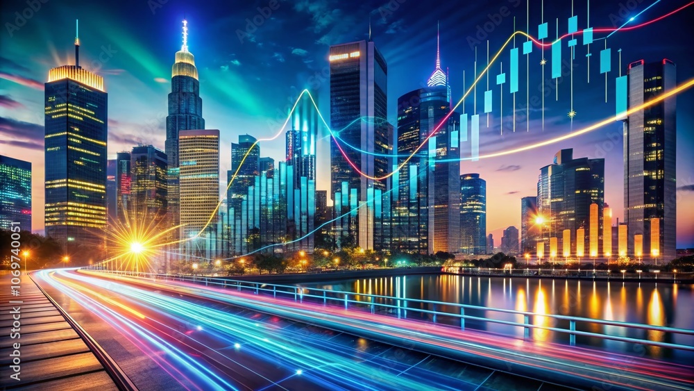 Poster dynamic long exposure financial data analysis with graphs and charts illustrating investment growth 