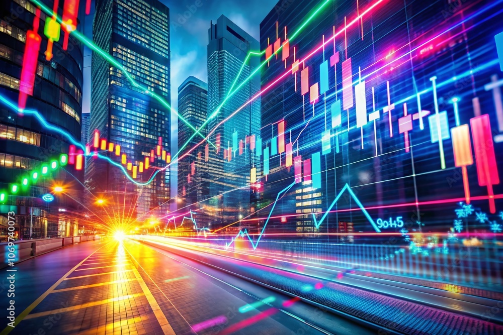 Poster dynamic neon lines illustrating digital stock analysis with long exposure effects in a futuristic ae