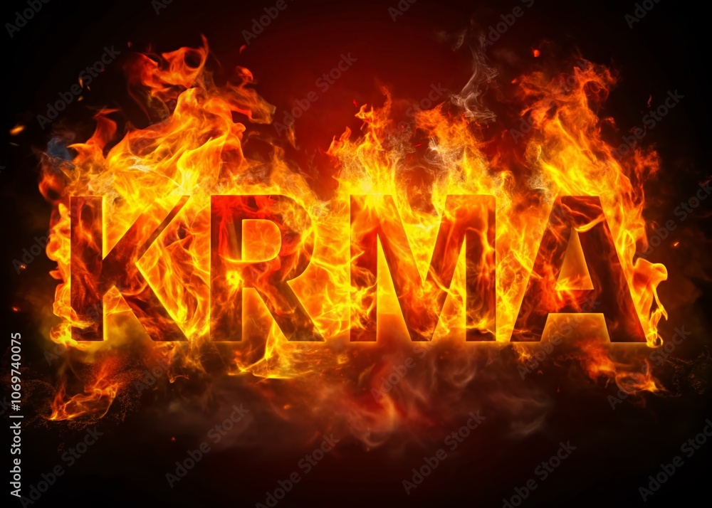 Poster dynamic panoramic photography of krma font engulfed in intense flames, capturing the energy and move
