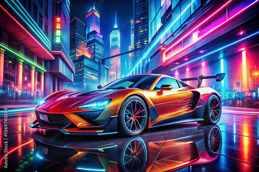 Poster Dynamic Panoramic View of a Sports Car Illuminated by Neon Lights with Futuristic Charts Displayed in the Background, Capturing Speed and Technology in a Vibrant Urban Setting