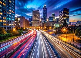 Dynamic Long Exposure Capture of Cars Exiting a Cityscape at Night with Light Trails and Urban Background, Showcasing the Motion and Energy of Evening Traffic