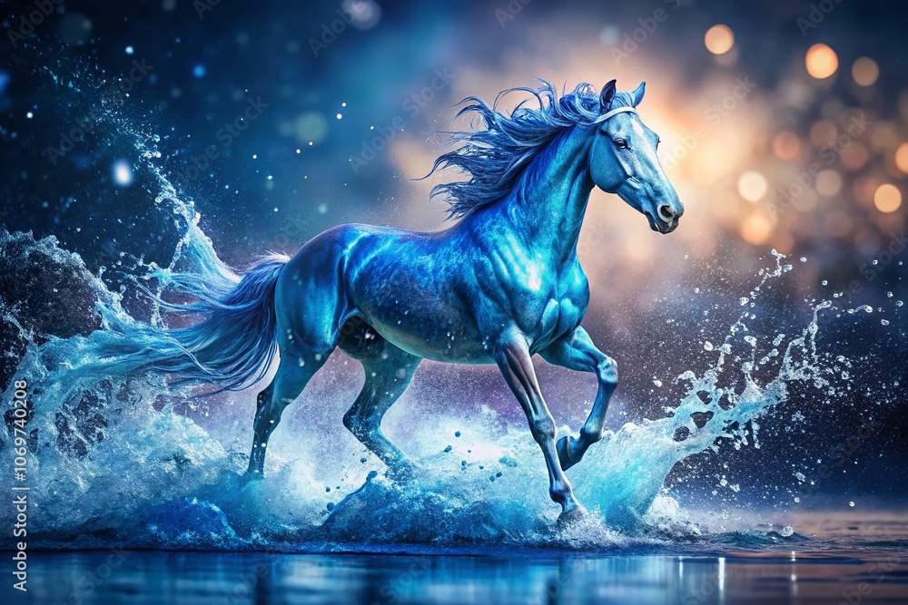Poster dynamic water monster horse in motion with bokeh effect showcasing intense splashes and a blue trans