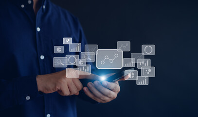 Analytics and business intelligence concept. Business intelligence analyst dashboard on virtual screen. Big data Graphs Charts.