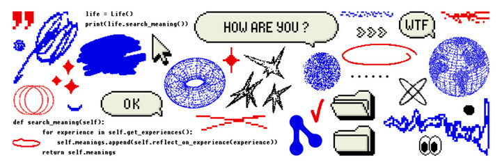 Graphic pixel shape asset pack. Trendy bitmap geometric element and pixel art for sticker, poster, collage, design template. Vector elements.