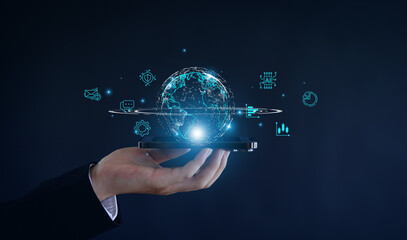 Big data and analytics visualization technology with scientist analyzing information structure on virtual screen,iot,  finance, machine learning to extract predictions for business.