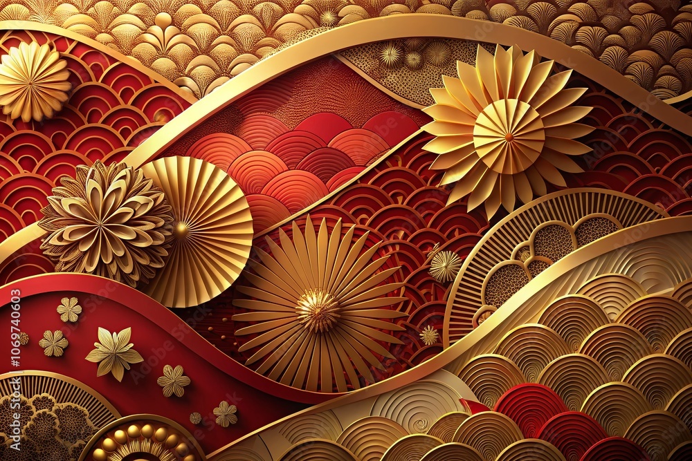Aufkleber elegant abstract gold background with shiny elements in red shade - realistic japanese luxury paper 