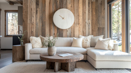 Minimalist interior design of modern bright and airy living room with a white sofa and wooden accents. Large abstract art and natural light bring warmth and elegance to the minimal decor.