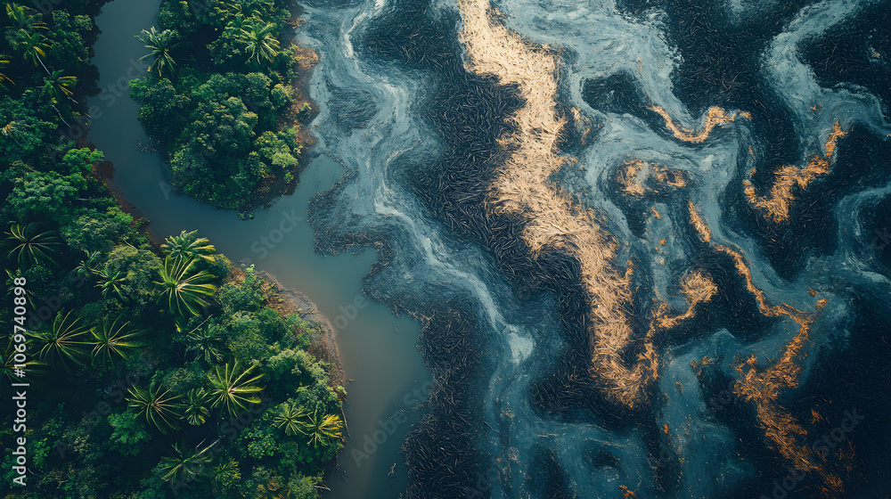 Poster aerial view of lush greenery meeting serene waters, showcasing intricate patterns formed by the rive