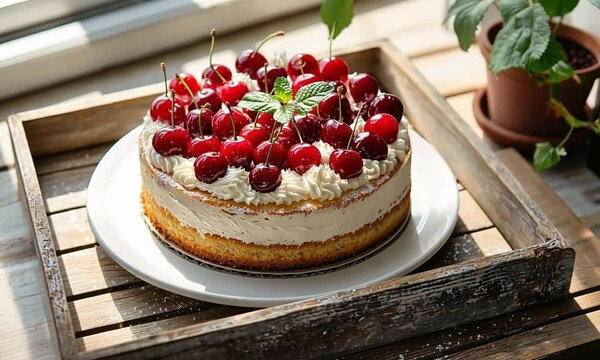 Cake with cherries on top of it in a wooden box