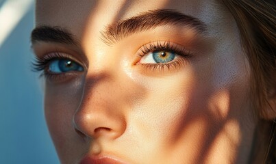 a close-up portrait of a woman's face with blue eyes, partially covered by shadows from leaves, creating a natural and artistic look.