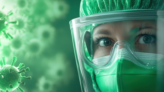 Closeup portrait of woman wearing protective mask and goggles, emphasizing safety health precautions.