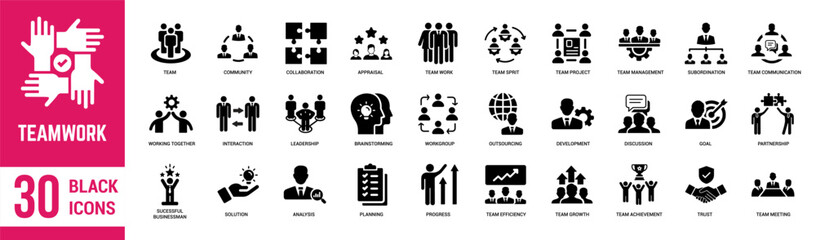 Teamwork solid icons set. Teamwork, employee, collaboration, business, success, agreements, brainstorm, achievement, development and human resources. Vector illustration