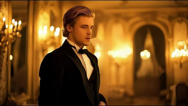 Stylish young Caucasian man in tuxedo, exuding charm and elegance in a luxurious setting.
