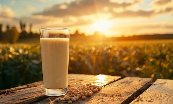 Glass of milk with soya beans on a wooden table 