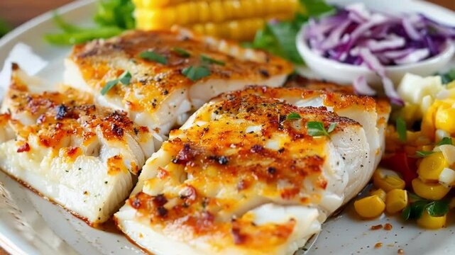 Delicious roasted cod with corn salad, bursting with fresh flavors. Healthy protein packed meal for lunch or dinner