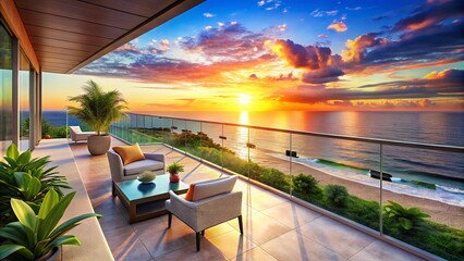 Fototapeta premium Elegant Contemporary Beachside Balcony with Seamless Glass Railings Overlooking a Serene Ocean View, Ideal for Relaxation and Leisurely Moments in a Modern Coastal Setting