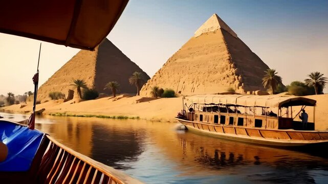 A boat traveling down a river with the pyramids in the background
