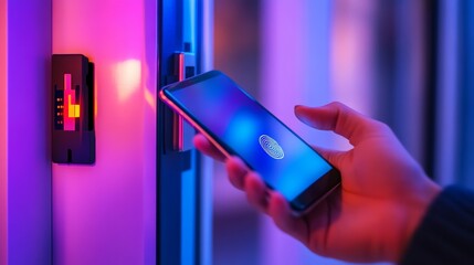 Hand using smartphone for open digital door lock at home or apartment NFC Technology Fingerprint scan keycard PIN number smartphone electrical and contactless lifestyle concepts