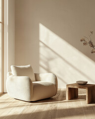 Minimalist interior design of modern bright and airy living room with a beige armchair and wooden accents. Large abstract art and natural light bring warmth and elegance to the minimal decor.