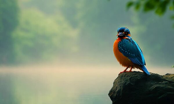 Kingfisher bird perched on a cliff, closeup