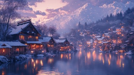 Fototapeta premium Snowy Village by the Lake