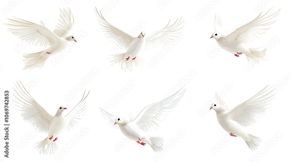 Poster set of flying wedding doves captured in a serene display generative ai