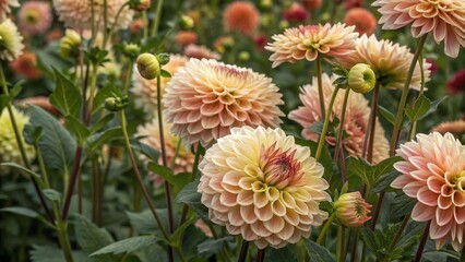 Obraz premium Elegant Long Exposure Floral Background Featuring a Seamless Pattern of Olive Line Dahlia Flowers for Stylish Home Decor and Textile Design