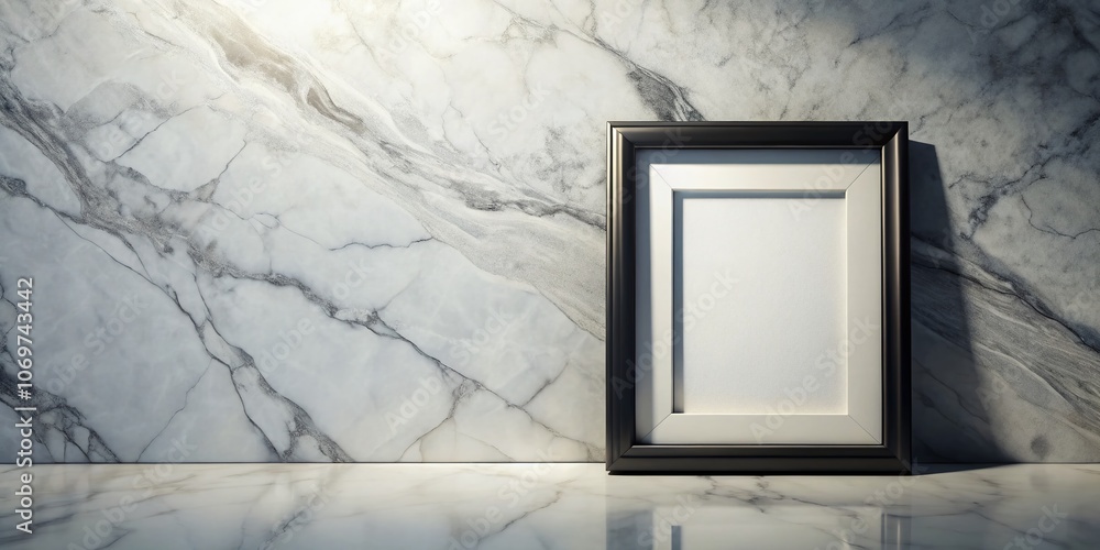 Poster elegant mockup of a square black frame positioned on a well-lit marble wall with ample copy space fo