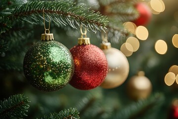Fototapeta premium Christmas tree decorations with shiny red, green, and gold ornaments hanging on branches, bokeh background. High-resolution, New Year concept with soft shadows and sharp focus.