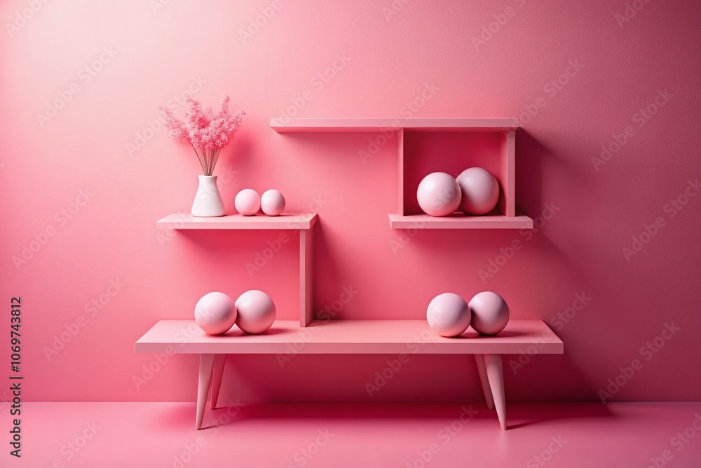 Poster elegant pink low platform shelf displaying spherical objects against a clean backdrop - perfect for 