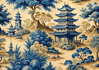 Obraz premium Elegant Portrait Photography Featuring Asian Art with Pagoda and Trees in a Blue on Beige Toile de Jouy Seamless Repeating Tile Pattern for Artistic Decor