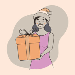 a young woman holding a large red gift box with a yellow ribbon tied around it. vector art illustration