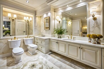 Fototapeta premium Elegant Vintage Style White Marble Bathroom Featuring Toilet, Bidet, and Sinks with Timeless Charm and Sophisticated Interior Design Elements