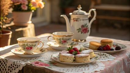 Fototapeta premium Elegant Vintage Teatime Setup with Antique Tea Set, Floral Tablecloth, and Delicate Pastries in Soft Natural Light for a Cozy Afternoon Gathering