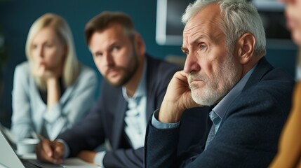 Obraz premium A pensive older man in a business meeting listens intently while two younger colleagues look on.